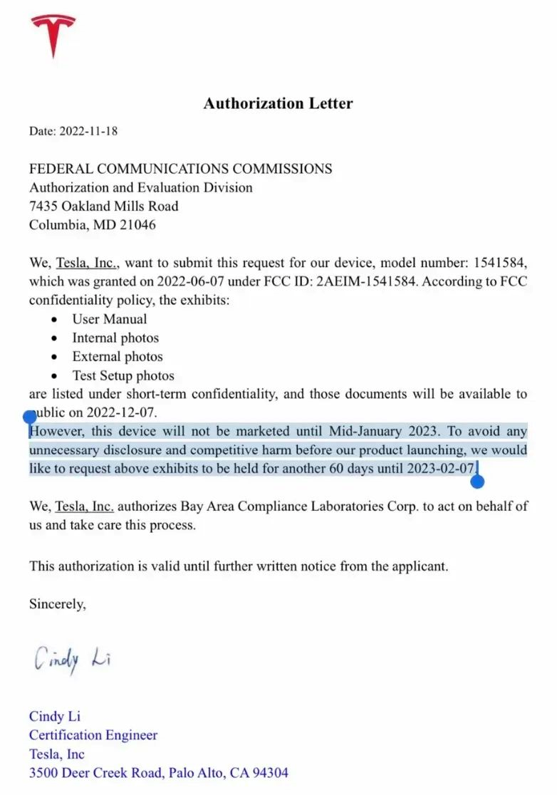 (Tesla has asked the FCC to extend the confidentiality period for the new radar by 60 days until February 7, 2023, and the industry speculates that the new radar is a 4D imaging radar.)
